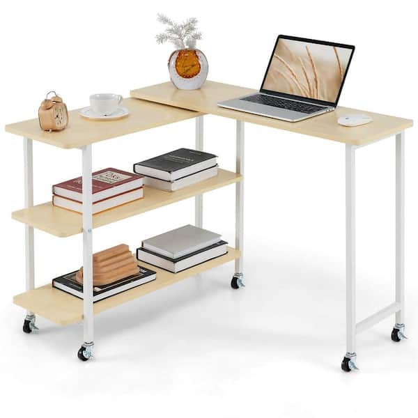 Rotatable L-Shaped End Table with Natural Wood and White Shelving