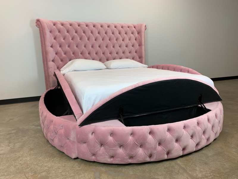 Round Bed Frame Blush Pink Velvet Vertical Channel Tufting Luxurious Style
