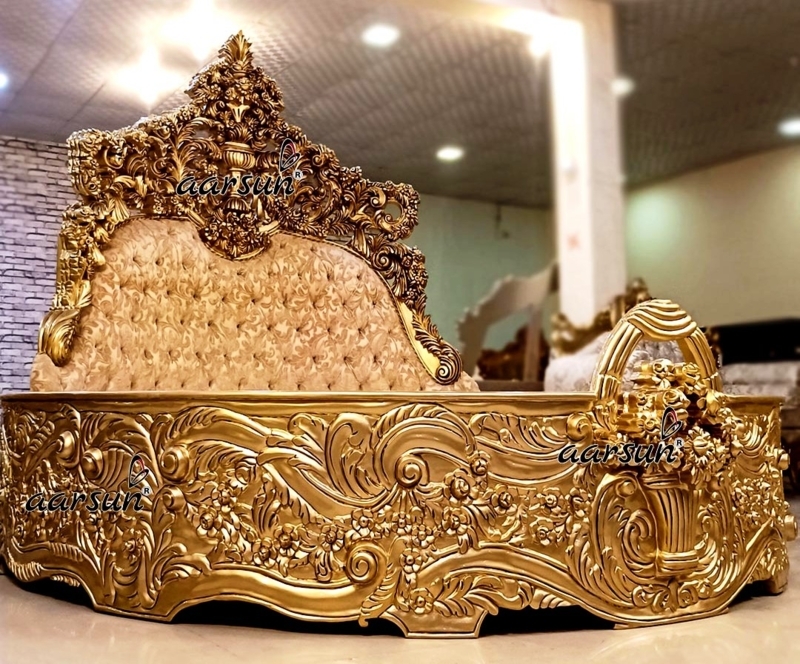 Round Bed Ornate Gold Carved Frame White Button Tufted Baroque Floral