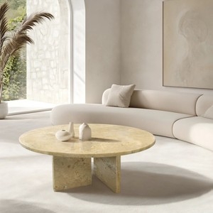 Round Beige Stone Top Coffee Table with Fluted Pedestal Base