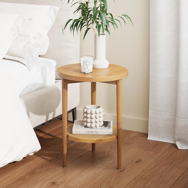 Round Bohemian End Table with Woven Rattan Storage Shelf