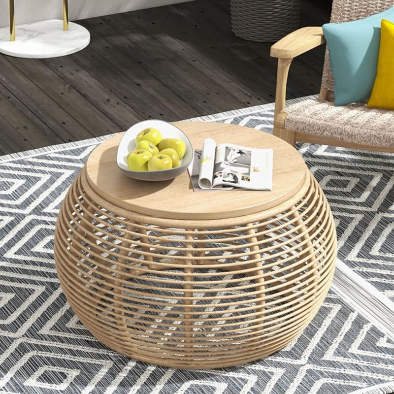 Round Boho Outdoor Coffee Table with Woven Base and Wood Top