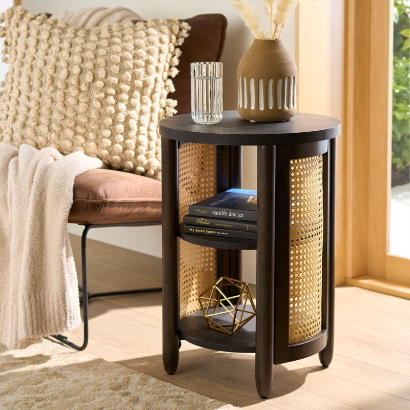 Round Boho Side Table with Woven Cane Panels