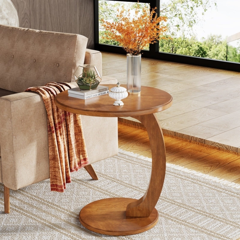 Round C-Shaped End Table, Natural Wood Toned Top, Black Metal Base