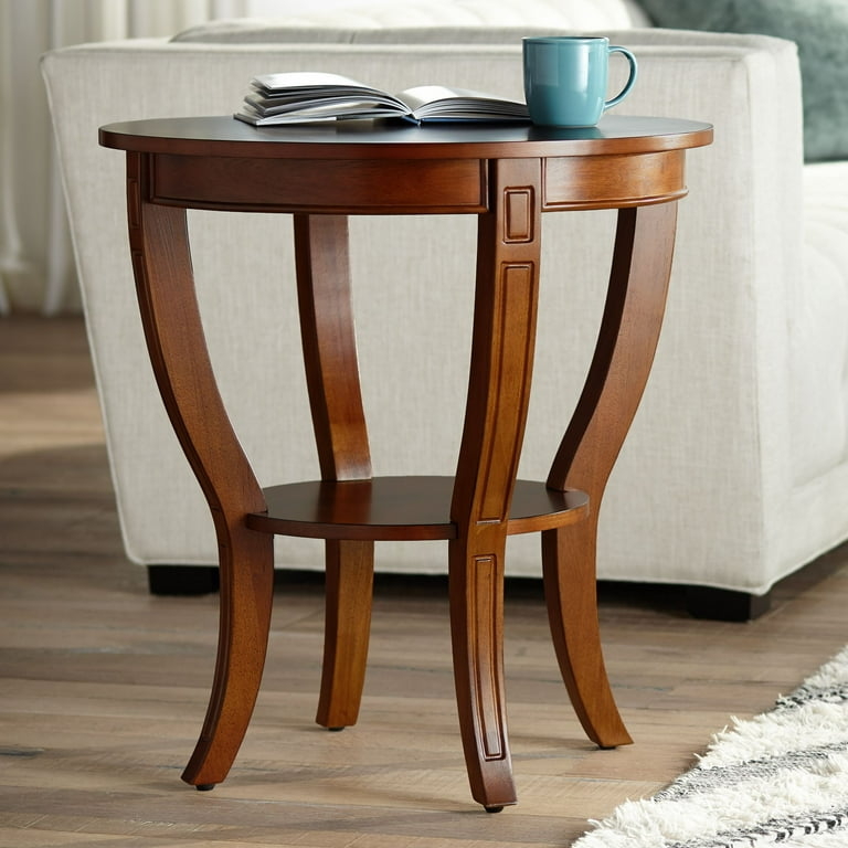 Round Cherry End Table Curved Tripod Legs Lower Shelf
