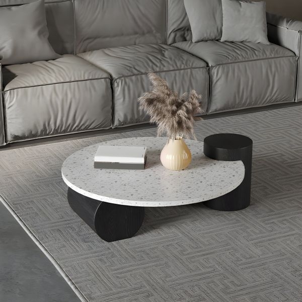 Round Coffee Table Abstract Base Stone Like Matte White Minimalist