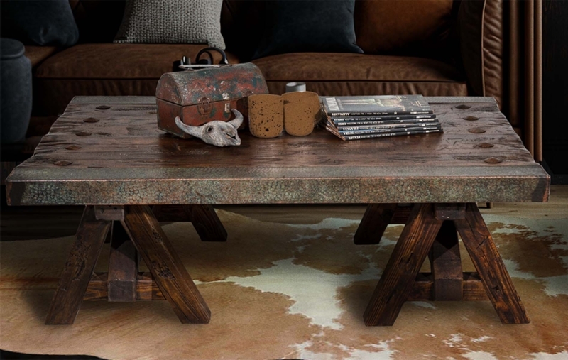 Round Coffee Table Aged Copper Top Riveted Rim X-Base