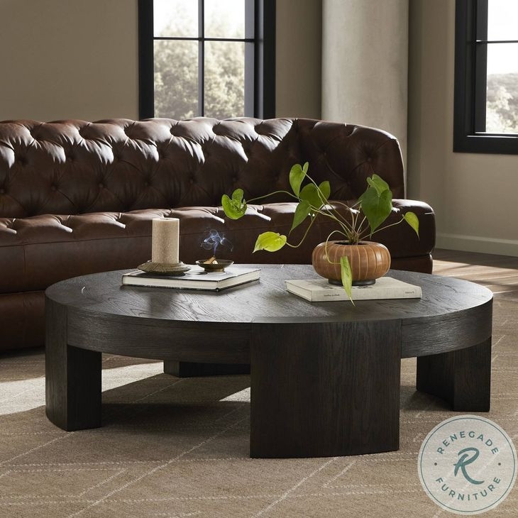 Round Coffee Table Charcoal Oak Veneer Thick Apron Low Profile