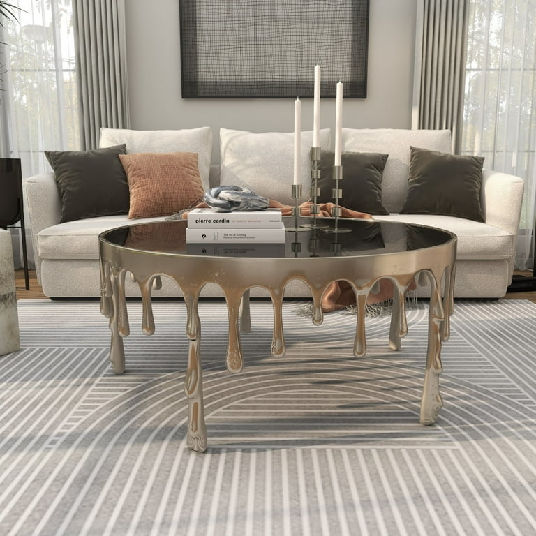 Round Coffee Table Drip Design Legs Shaded Glass Top Silver Glam