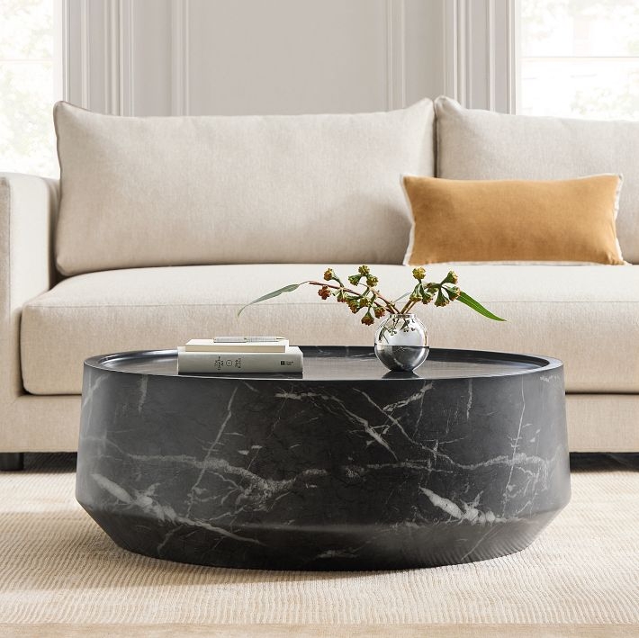 Round Coffee Table Faux Black Marble Fluted Pedestal Base
