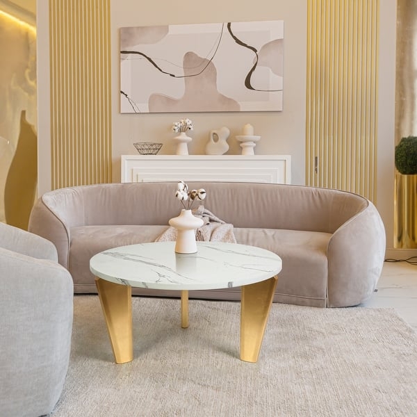 Round Coffee Table featuring White Faux Marble Top and Gold Cross-Base