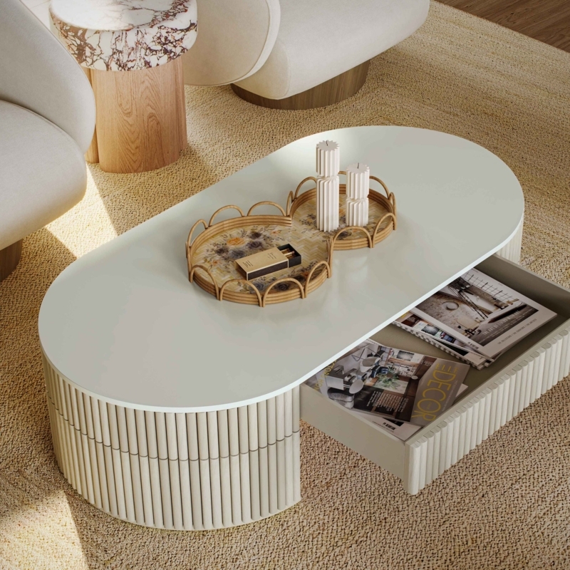 Round Coffee Table Fluted Base Stone-Like Top Textured Finish