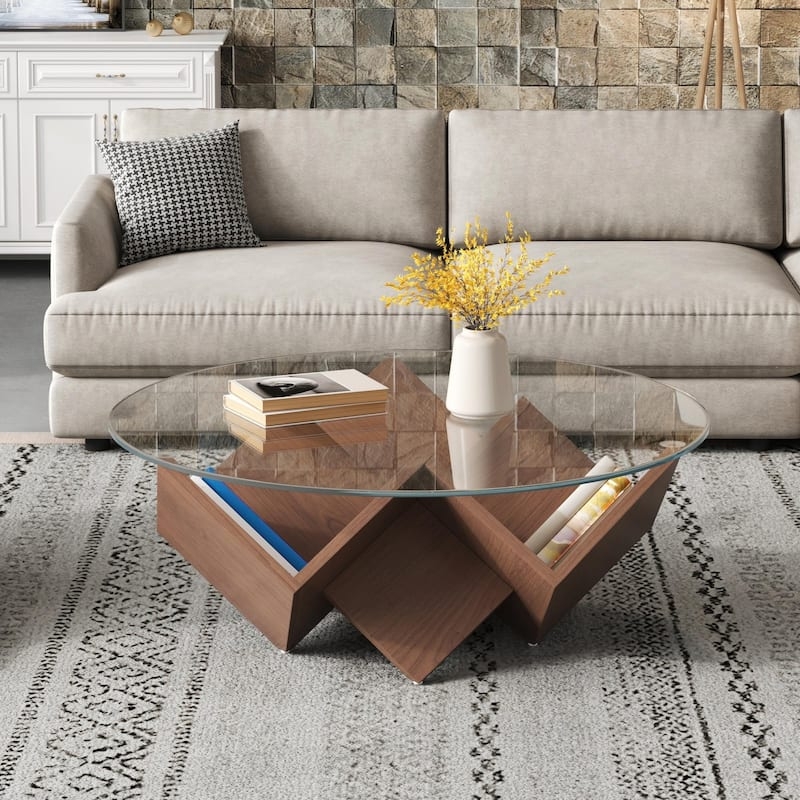 Round Coffee Table Geometric Abstract Base Storage Shelves Glass