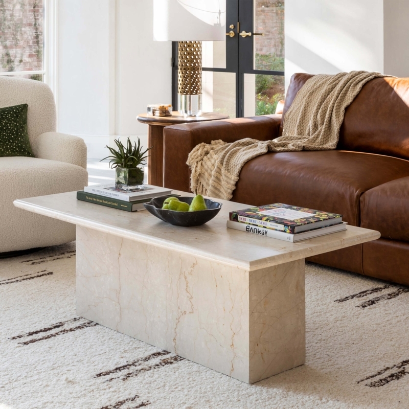 Round Coffee Table Marble Tripod Pillar Base Contemporary Organic