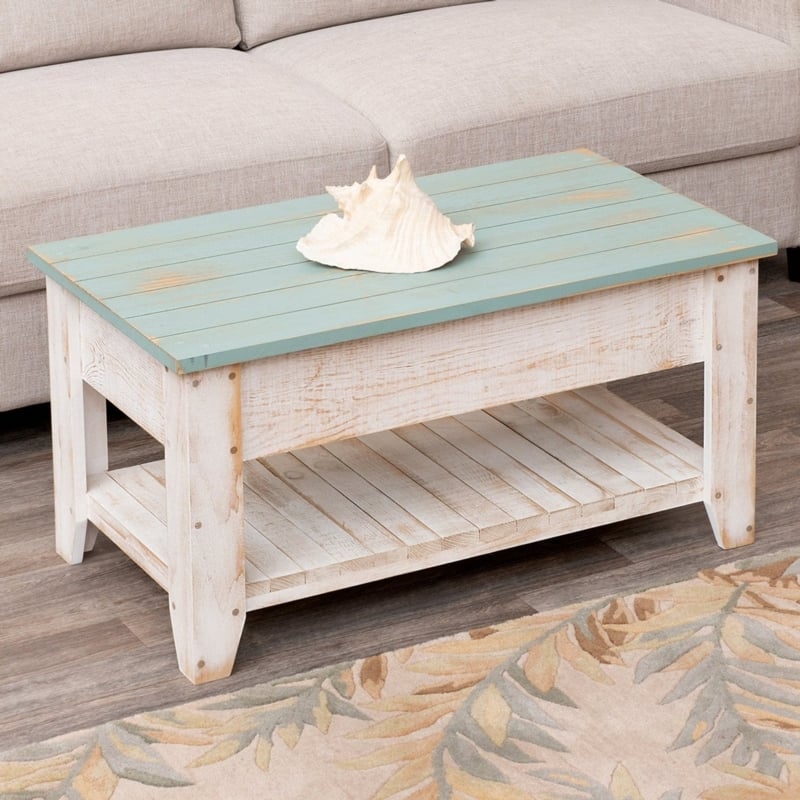 Round Coffee Table Plank Top Pedestal Base Coastal Wood Natural Finish