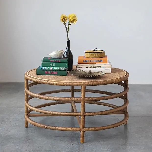 Round Coffee Table Reeded Pedestal Base Natural Wood Coastal Modern