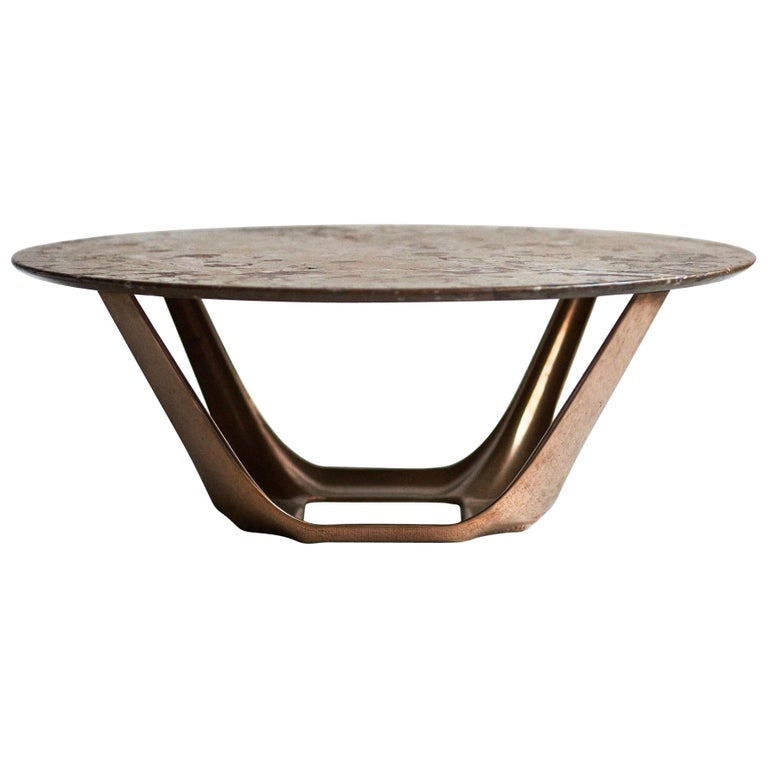 Round Coffee Table Sculptural Legs Stone-Like Top Mixed Material