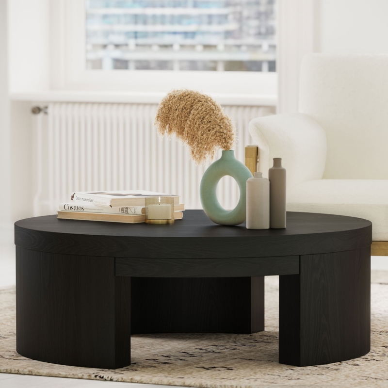Round Coffee Table Slatted Pedestal Base Wood Texture