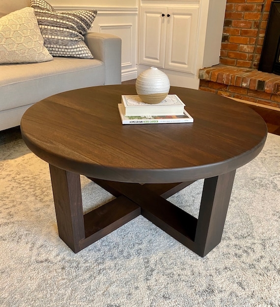 Round Coffee Table Thick Wood Top Geometric Metal Base
