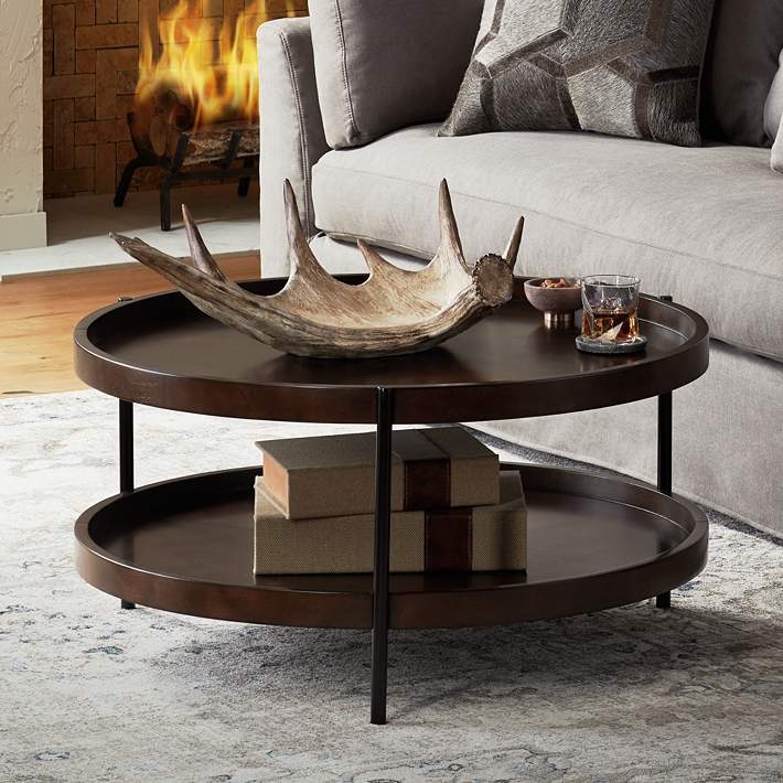 Round Coffee Table Tripod Base Chunky Legs Dark Brown Wood