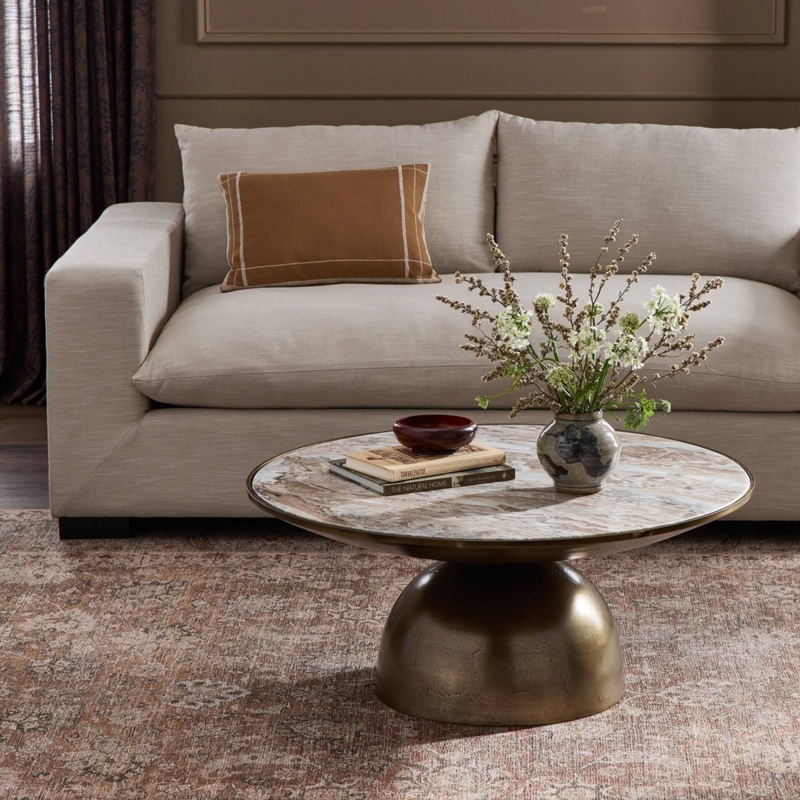 Round Coffee Table Tripod Base with Creamy Taupe Stone Top