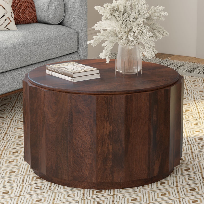 Round Coffee Table Vertical Slat Base, Walnut Brown Contemporary Style