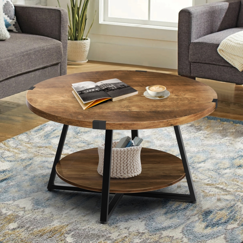 Round Coffee Table with Crisscross Base & Two-Tier Storage Shelf