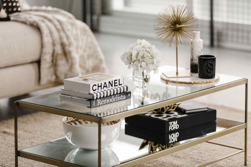 Round Coffee Table with Marble-Like Top and Gold Pedestal Base