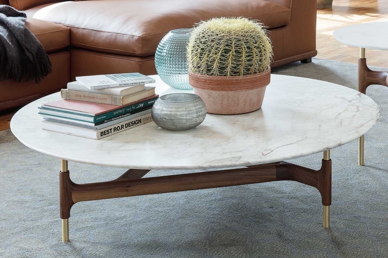 Round Coffee Table with Marble Top & Interlocking Wood Tripod Base