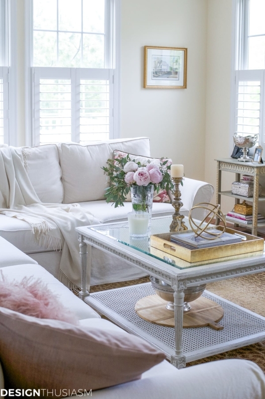 Round Coffee Table with Scrolled Edge, Carved Pedestal Base, Whitewashed. Rustic chic.