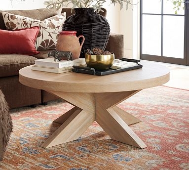 Round Coffee Table with Sturdy X-Base Pedestal in Dark Wood Finish