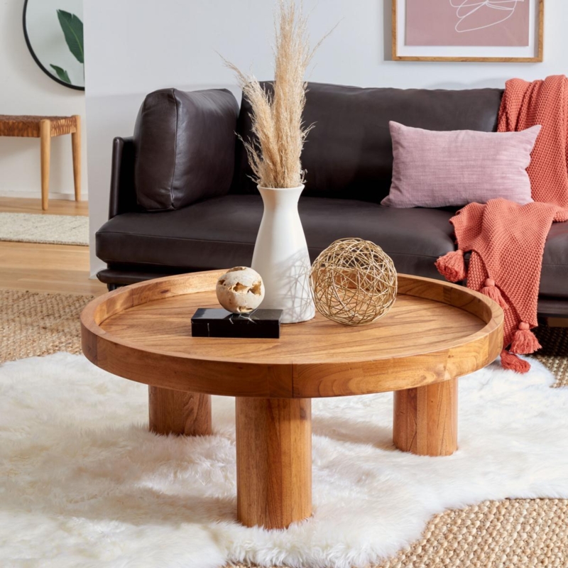 Round Coffee Table with Warm Oak Finish and Tripod Base