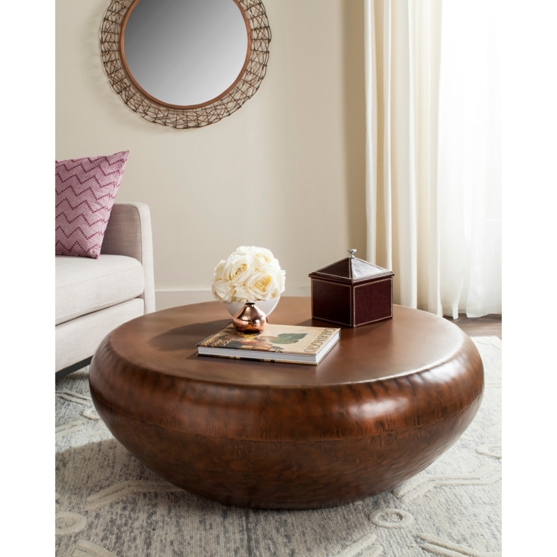 Round Copper Drum Coffee Table Rose Gold Hammered Sides Glam