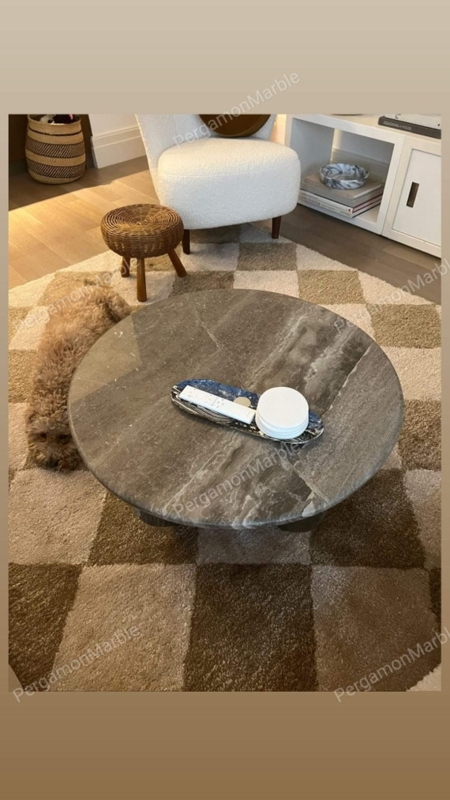 Round Dark Brown Stone Coffee Table with Stout Pedestal Base