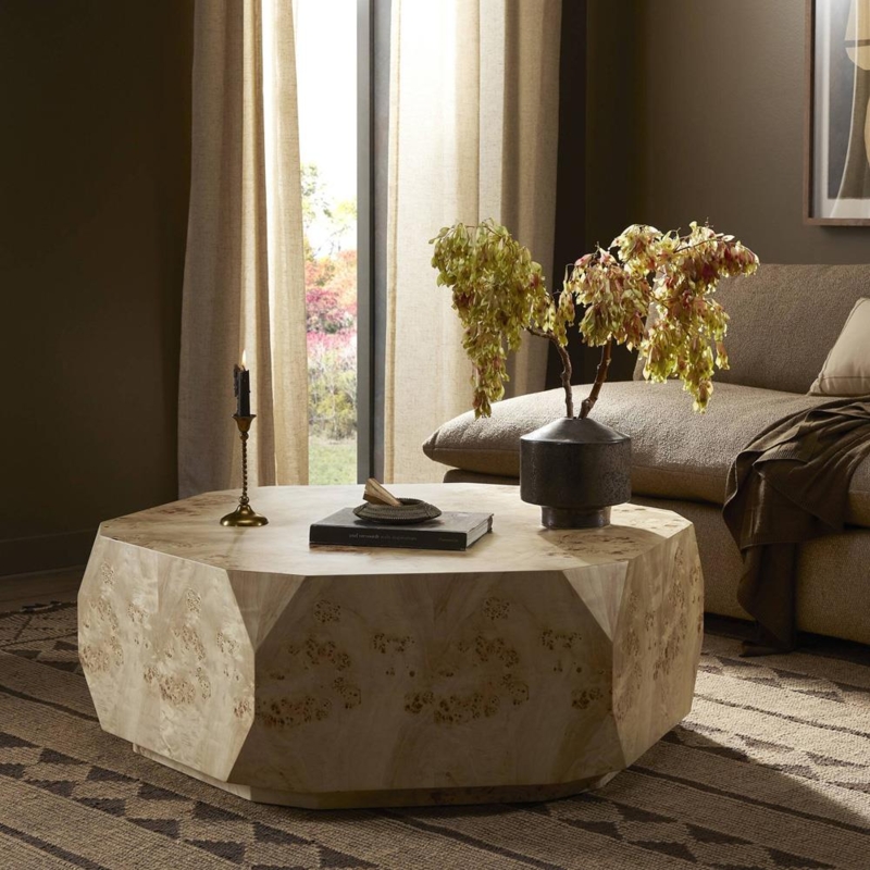 Round Drum Coffee Table Light Burl Wood Veneer Modern Classic