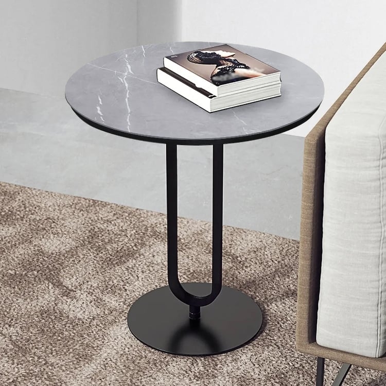 Round End Table Dark Gray Stone-Like Top with Fluted Pedestal Base