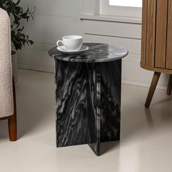 Round End Table featuring Marbled Stone Top and Black X-Shaped Base