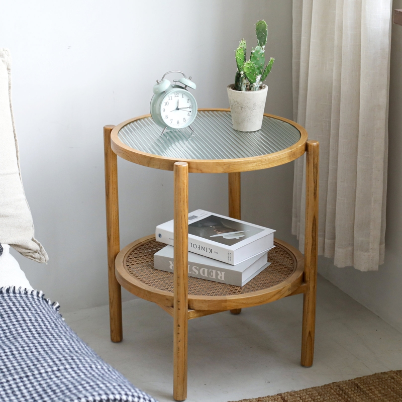 Round End Table Glass Top Wood Frame Woven Rattan Storage Shelf