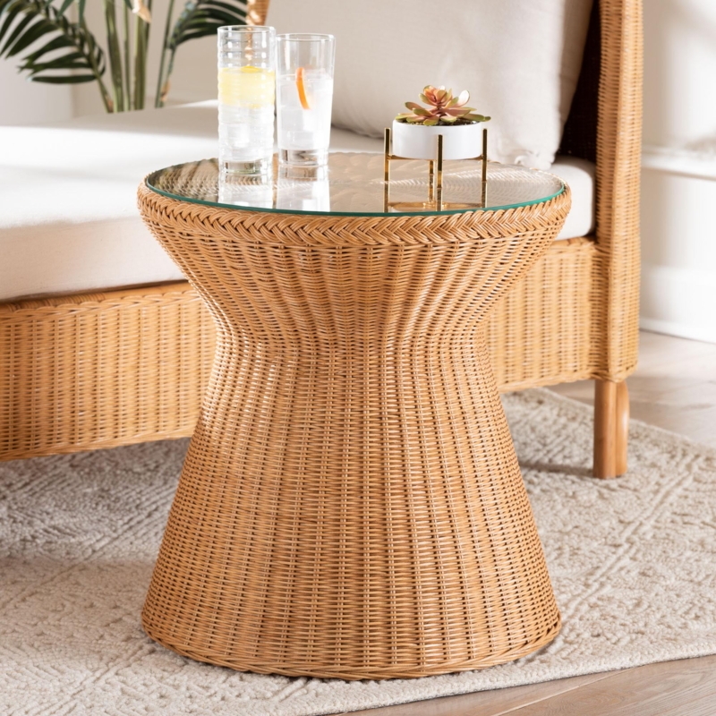 Round End Table Natural Wood Tripod Base With Woven Rim Detail