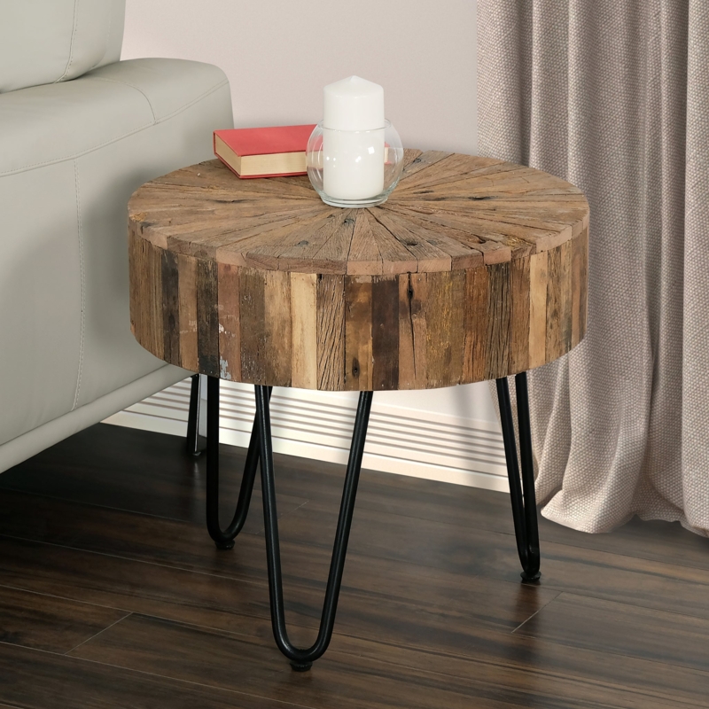 Round End Table Reclaimed Wood Look Iron Hairpin Legs
