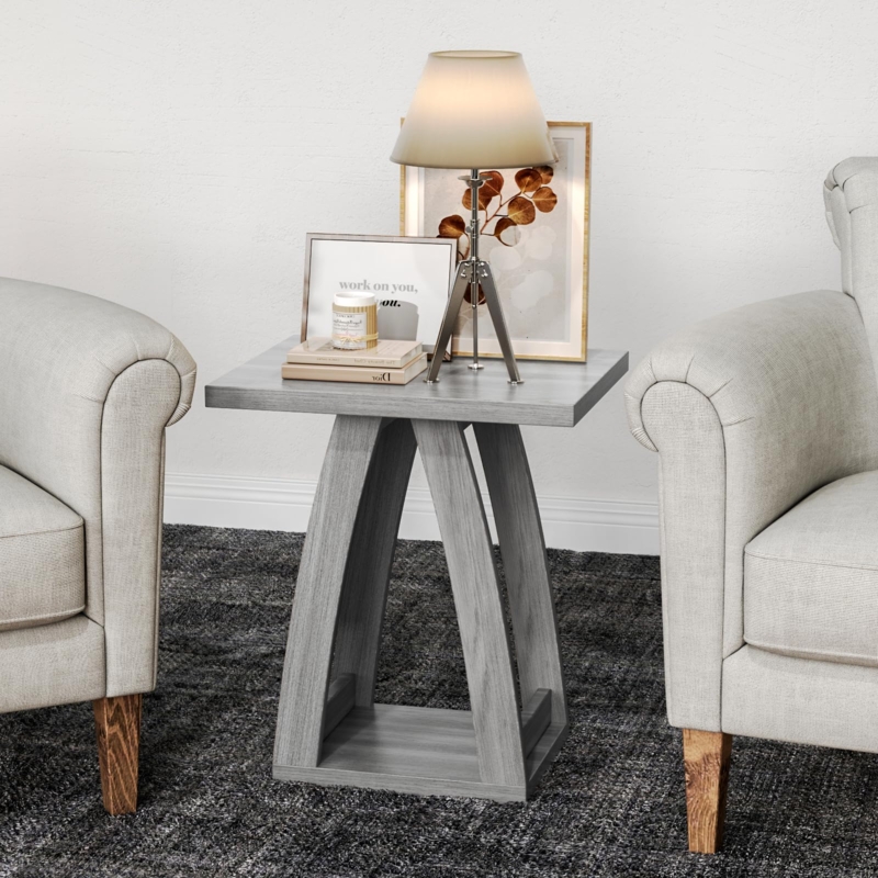 Round End Table Stone Effect Surface Tripod Base Wood Toned Legs