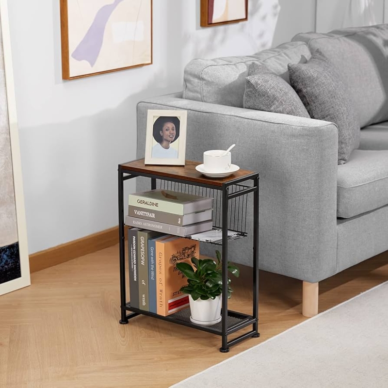 Round End Table Three Tier Metal Mesh Shelf Industrial