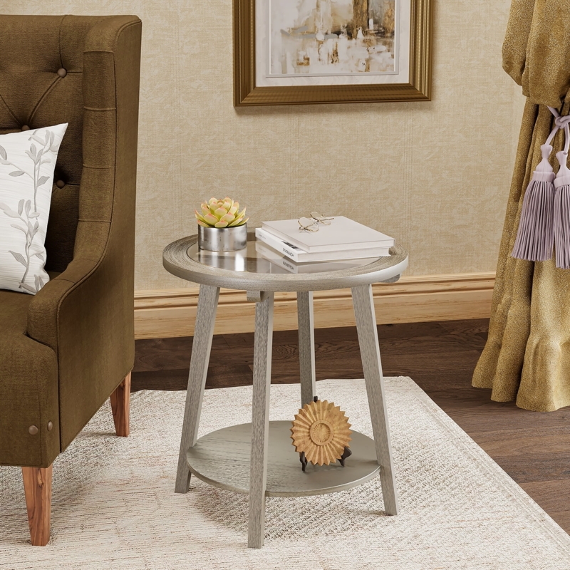 Round End Table Two-Tier Glass Top Antique Metallic Finish Storage
