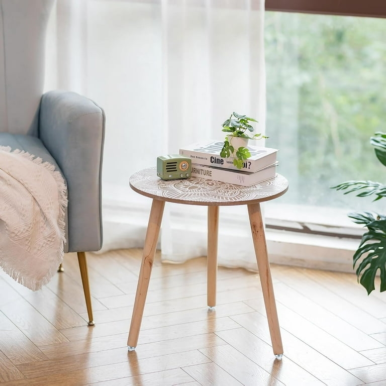 Round End Table Warm Brown Wood Carved Lotus Pattern Tripod Base