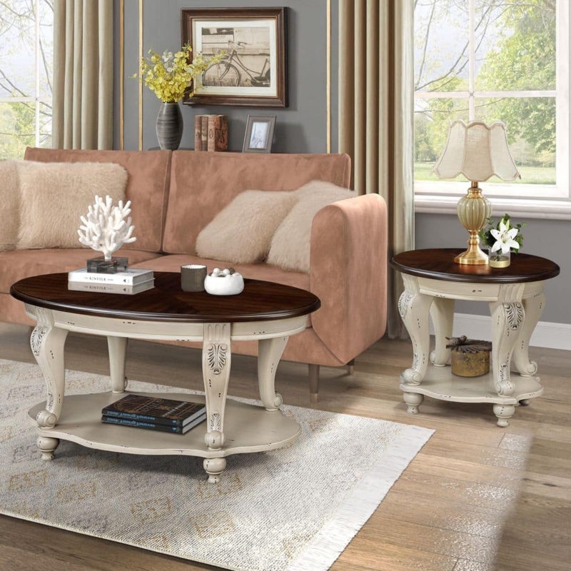 Round End Table, Whitewashed Wood Finish, Curved Legs & Open Shelf