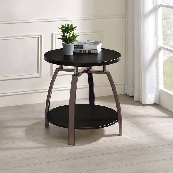 Round End Table with Black Nickel Frame & Center Shelf