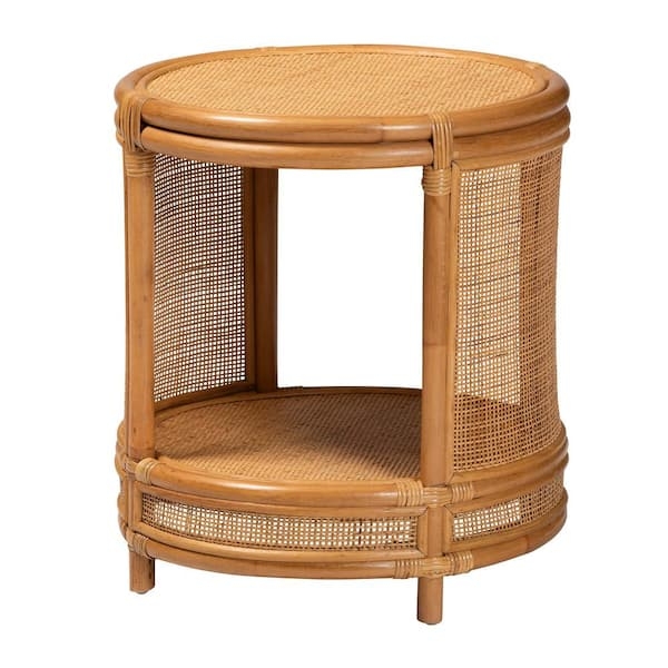 Round End Table with Honey Rattan Drum Silhouette and Lattice Weave