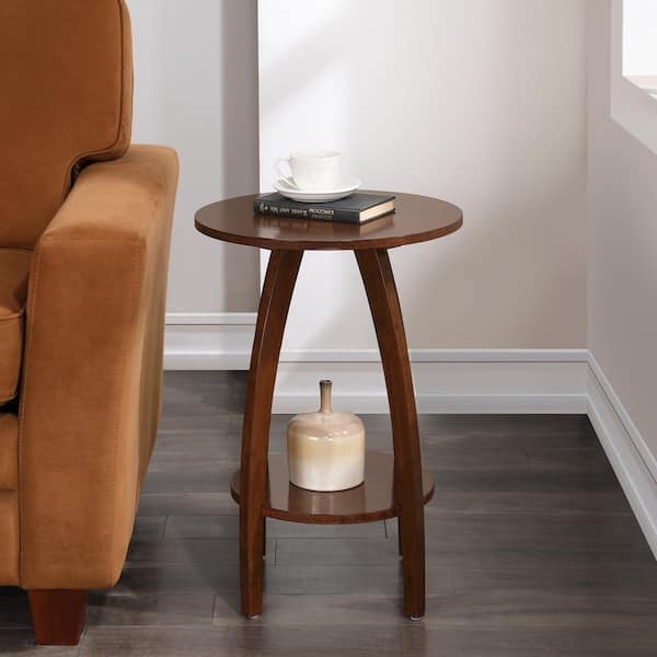 Round End Table with Three-Leg Base, Espresso Finish, Bottom Shelf Accent