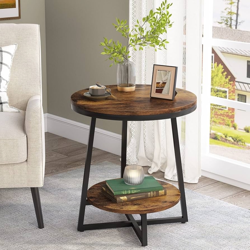 Round End Table with Two-Tier Industrial Metal Frame