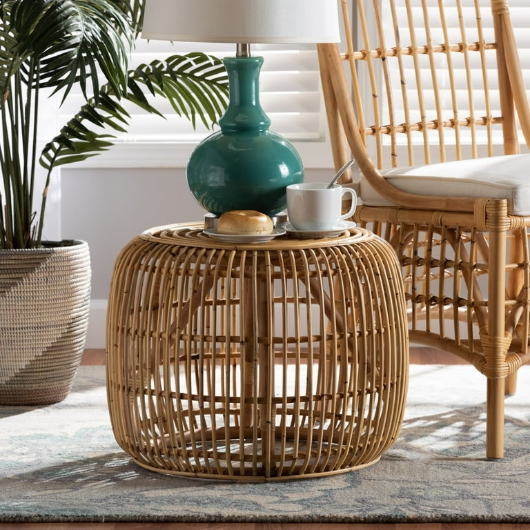 Round End Table with Woven Rattan Pedestal Base, Bohemian Style